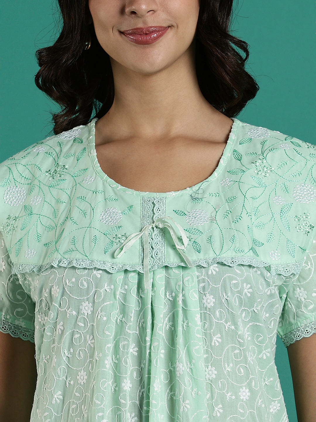 Mint Serenity Branded Cotton Chikankari Nighty For Women
