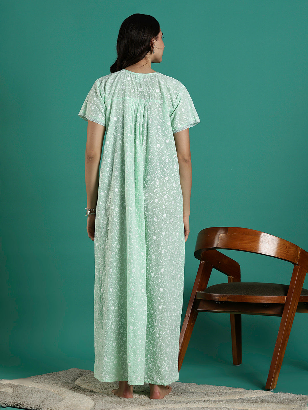 Mint Serenity Branded Cotton Chikankari Nighty For Women