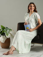 Bamboo Cotton Floral Nighty for Women in Mint Green with Pocket