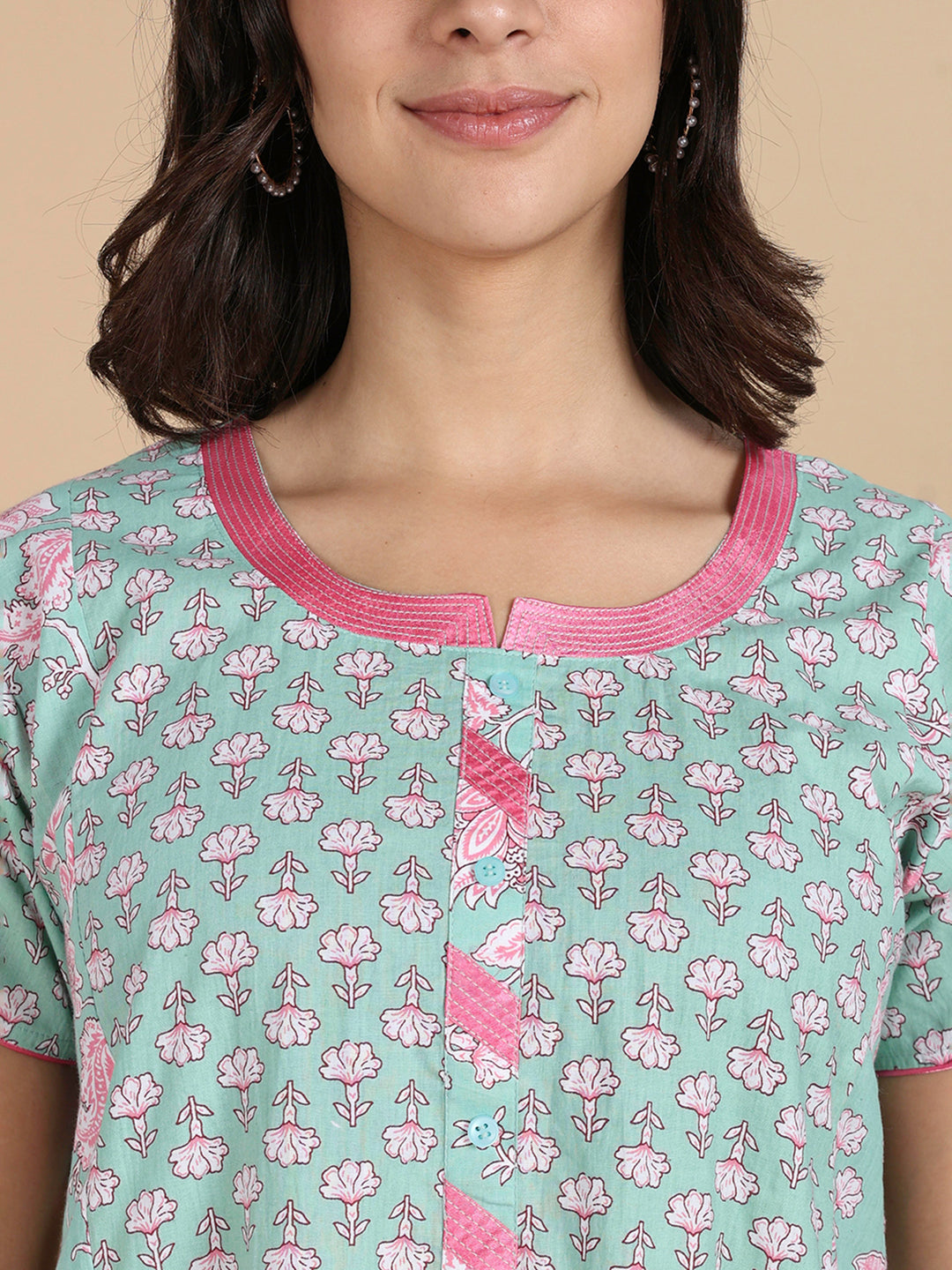 Classy Mint Green Flroal Print Pure Cotton Nighty for Women