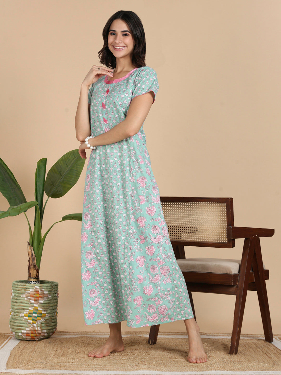 Classy Mint Green Flroal Print Pure Cotton Nighty for Women