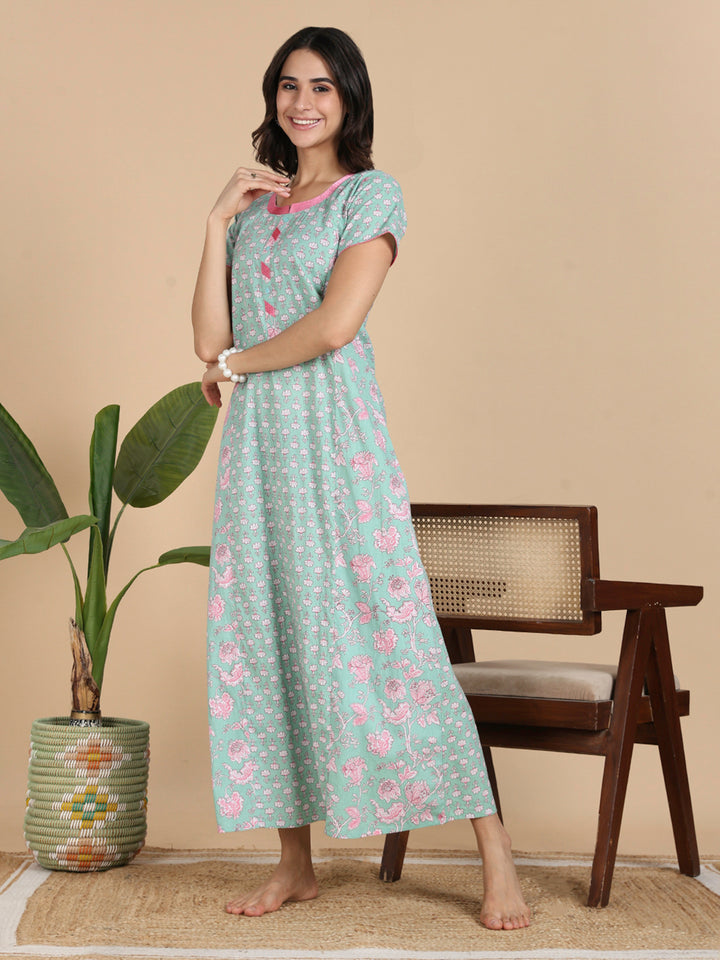 Classy Mint Green Flroal Print Pure Cotton Nighty for Women