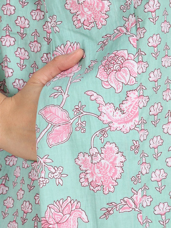 Classy Mint Green Flroal Print Pure Cotton Nighty for Women