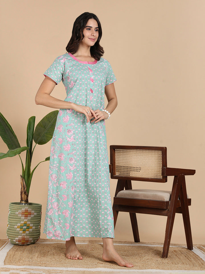 Classy Mint Green Flroal Print Pure Cotton Nighty for Women