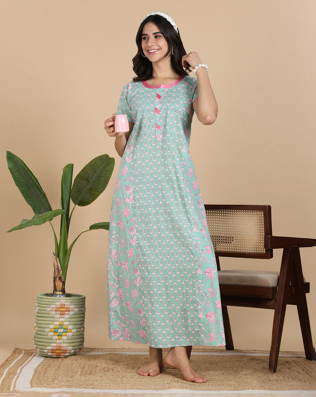 Classy Mint Green Flroal Print Pure Cotton Nighty for Women