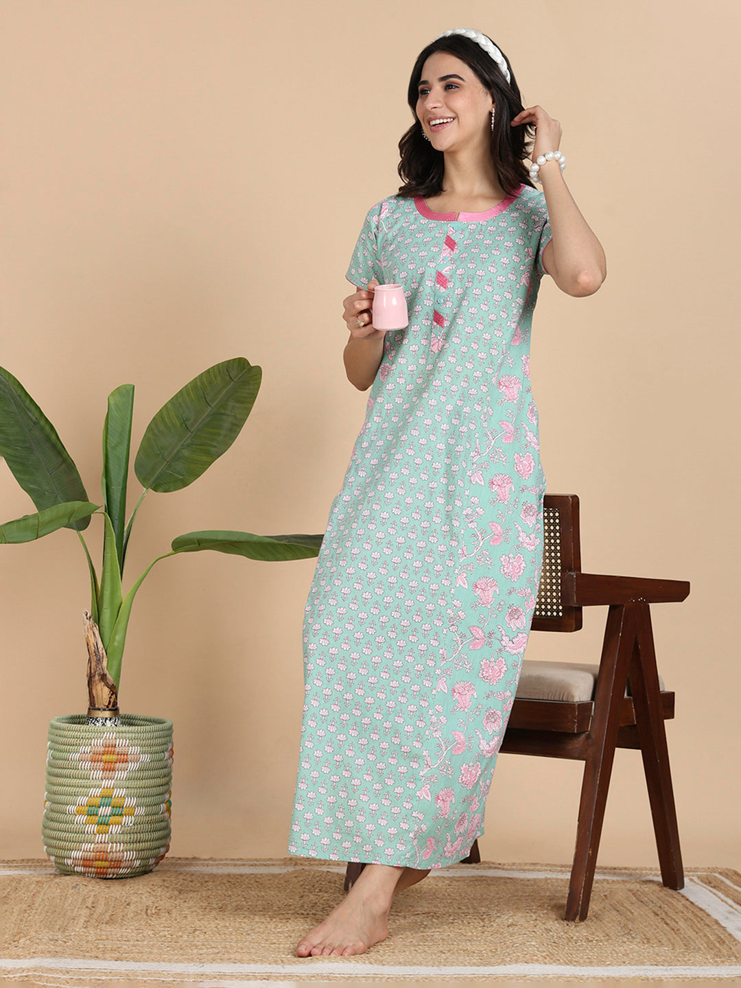 Classy Mint Green Flroal Print Pure Cotton Nighty for Women
