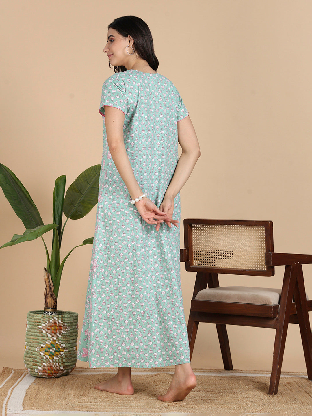 Classy Mint Green Flroal Print Pure Cotton Nighty for Women