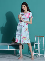 Gloss Malai Mint Green Camera Print Nighty for Women with Pocket