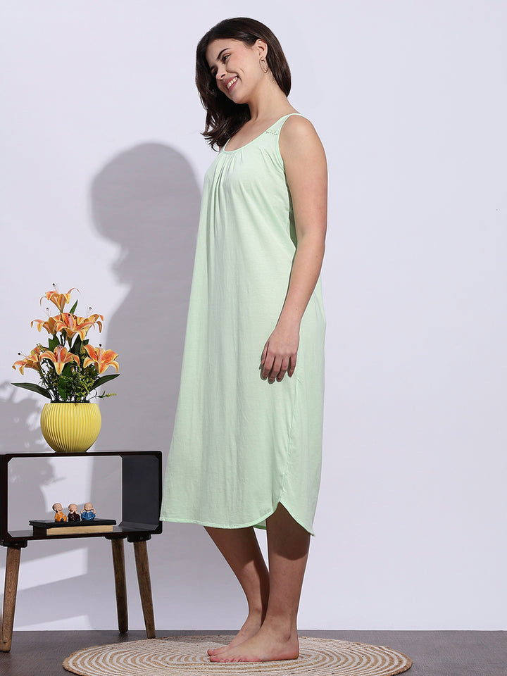 Mint Green Hosiery Cotton Sleeveless Knee Length Nighty