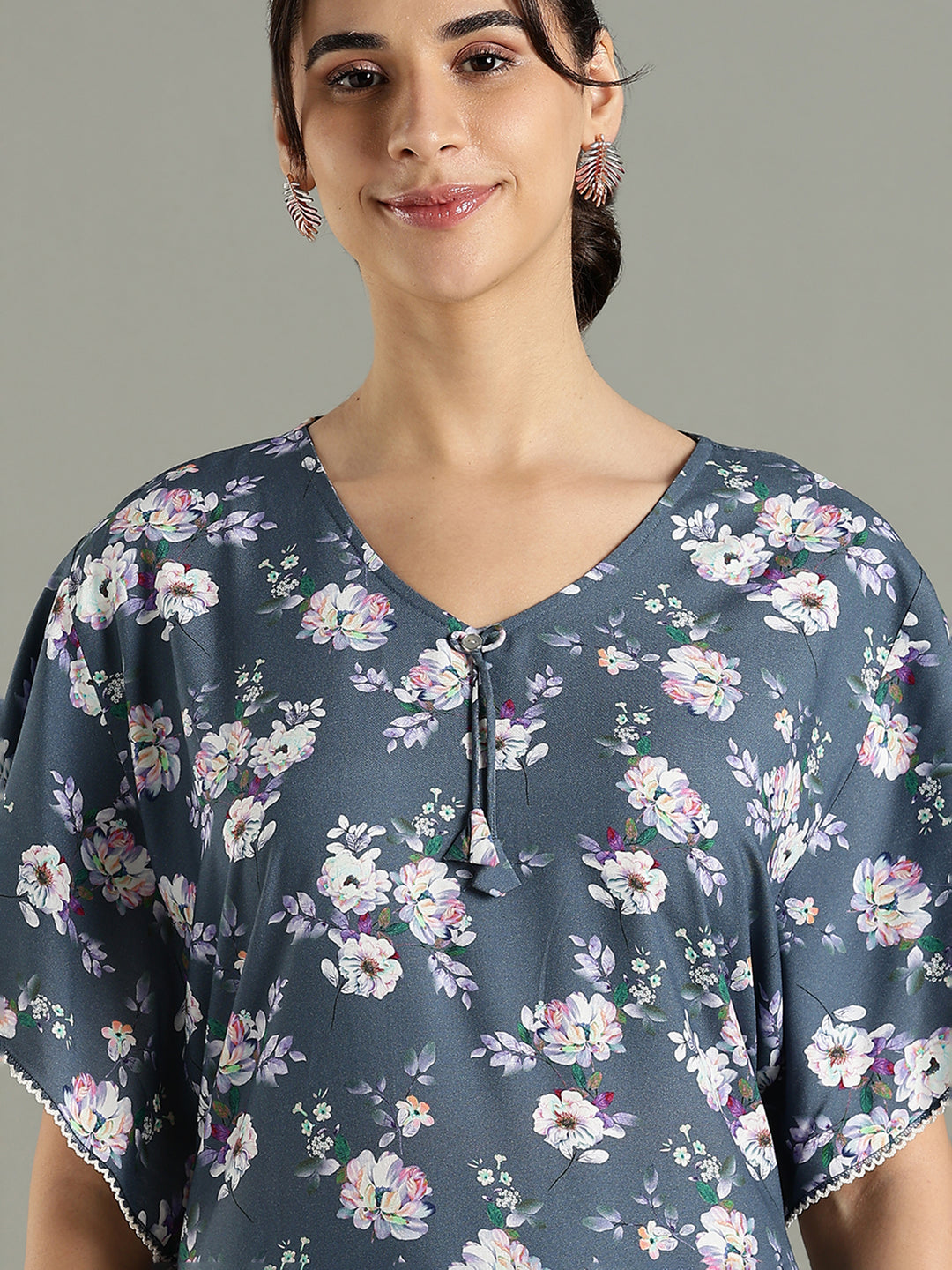 Misty Blue Floral Rayon Cozy Nighty for Women