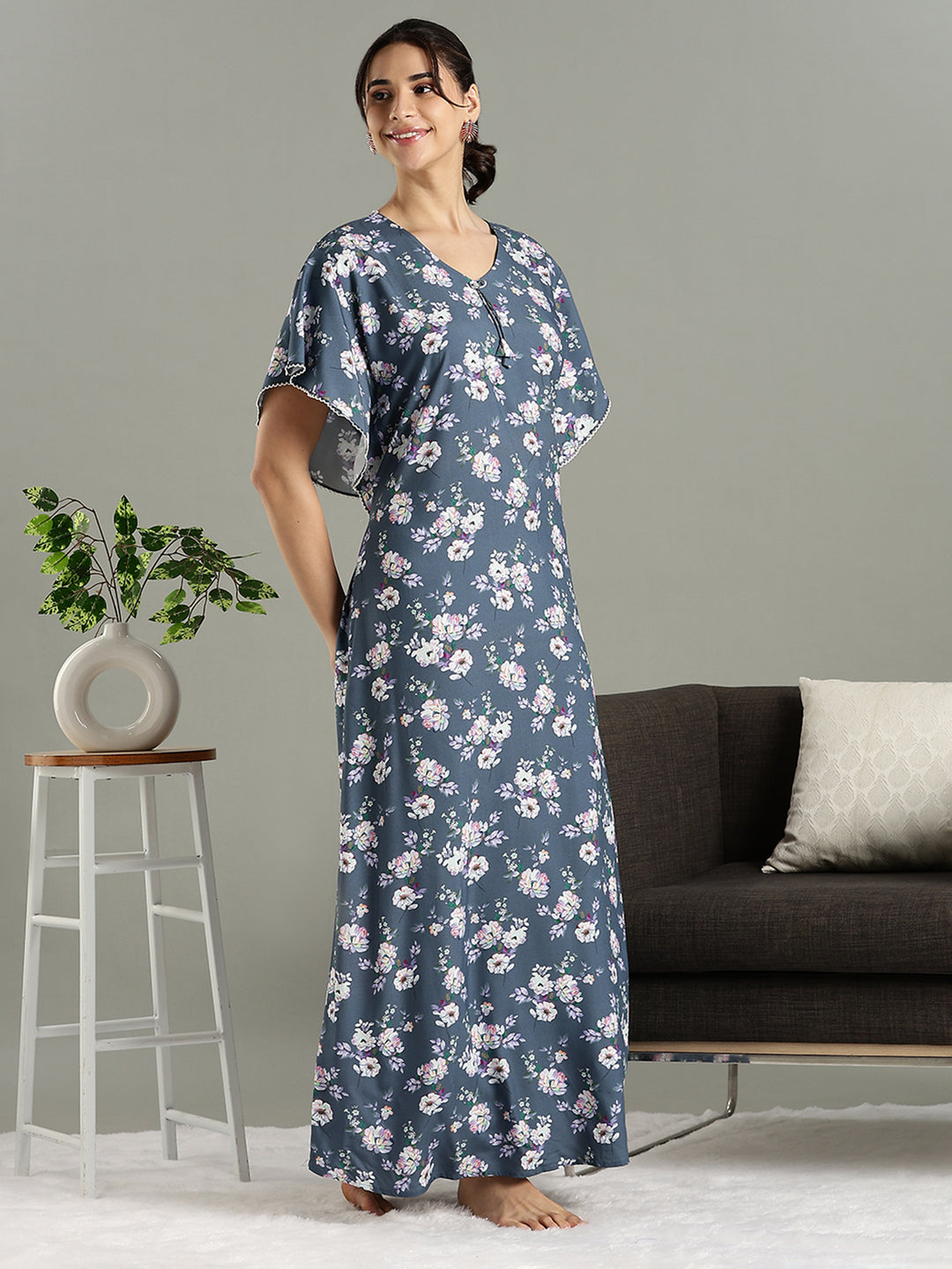 Misty Blue Floral Rayon Cozy Nighty for Women