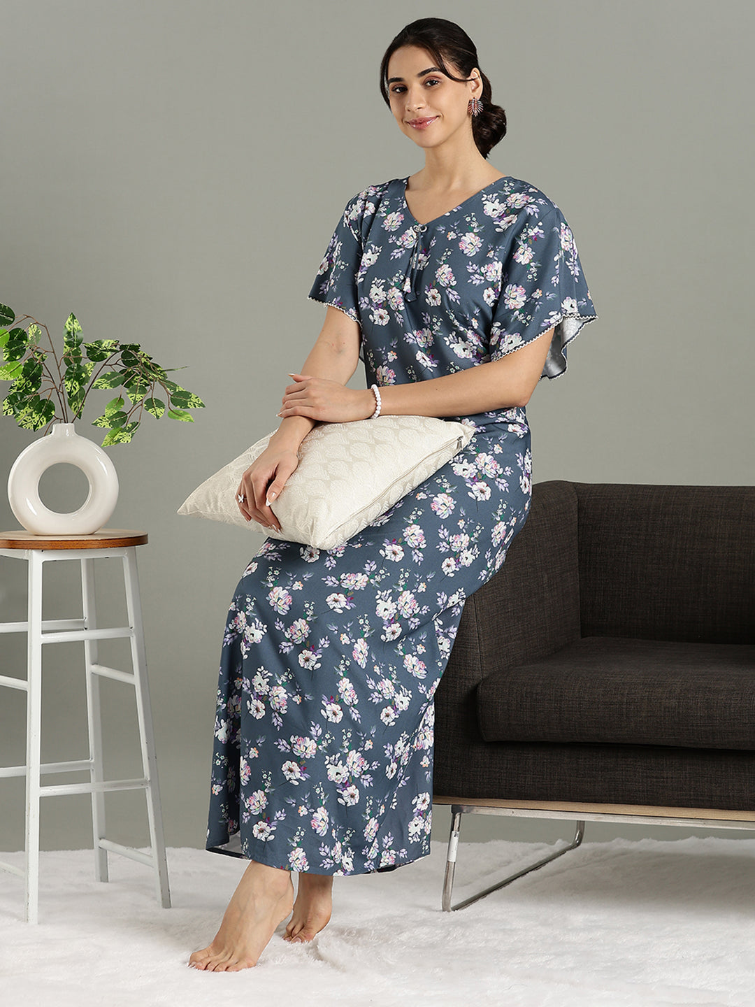 Misty Blue Floral Rayon Cozy Nighty for Women