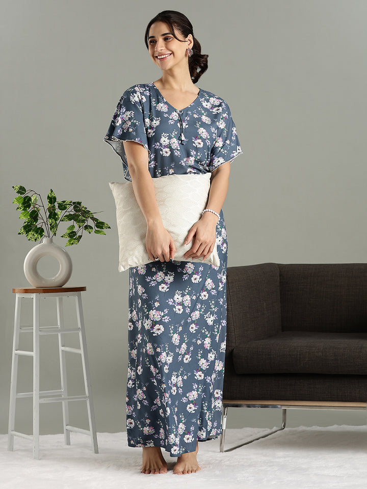 Misty Blue Floral Rayon Cozy Nighty for Women