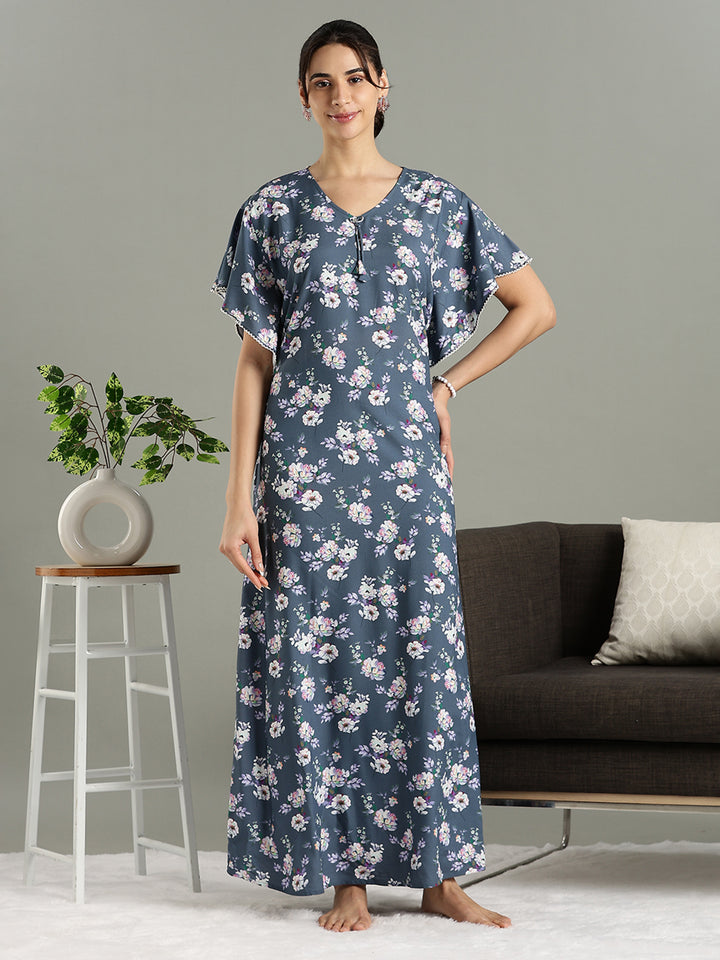 Misty Blue Floral Rayon Cozy Nighty for Women