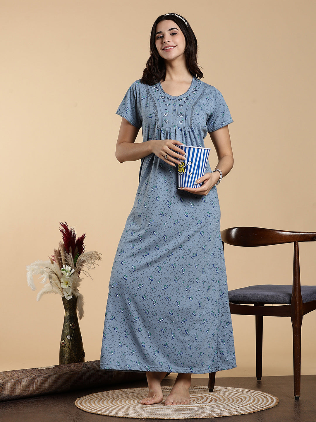 Misty Slate Cotton Blend Best Nighty for Women