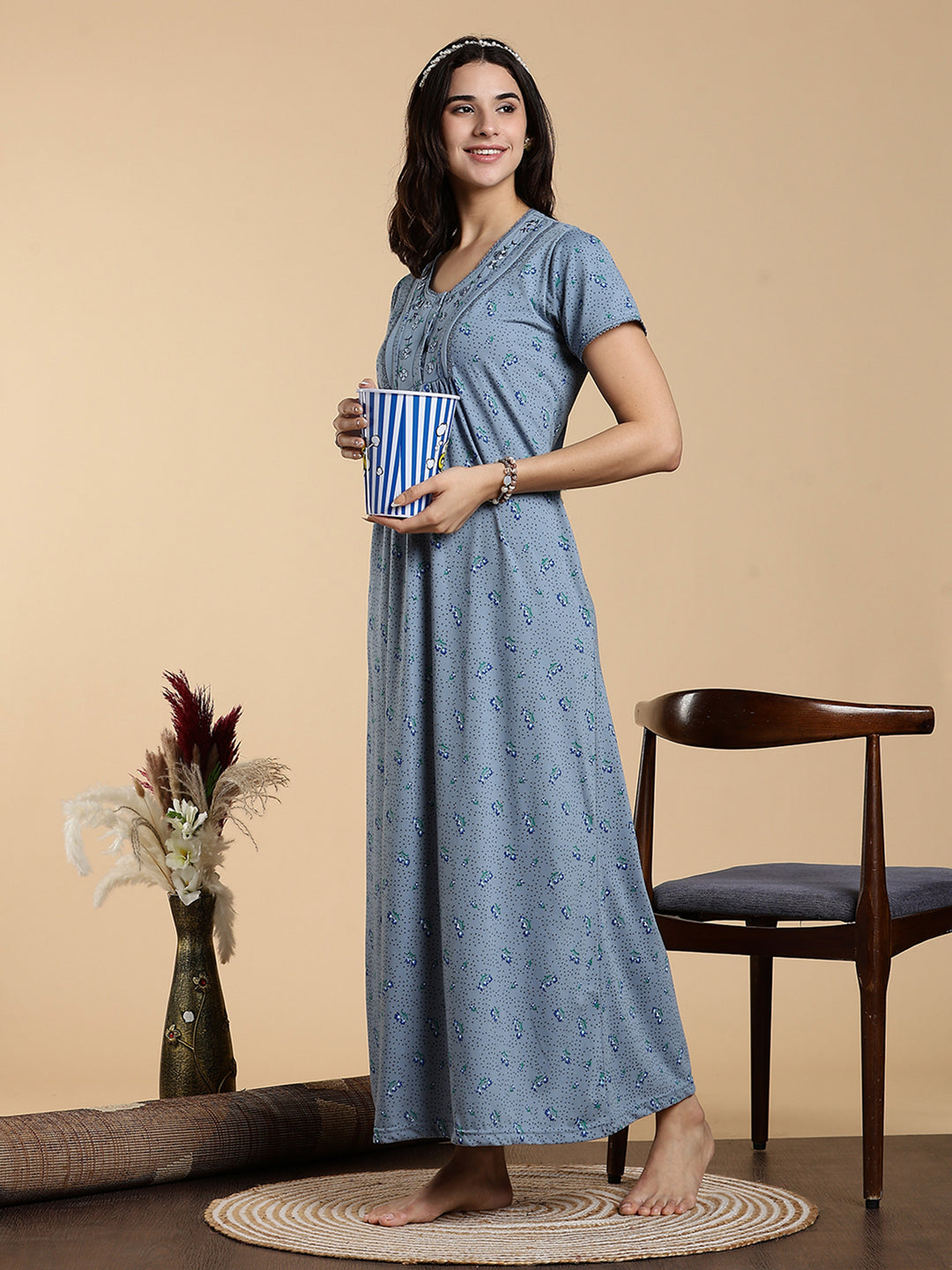 Misty Slate Cotton Blend Best Nighty for Women