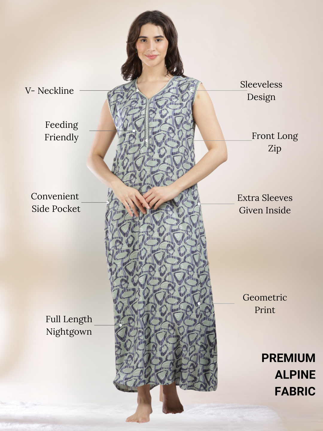Misty Green Sleeveless Night dress for Women