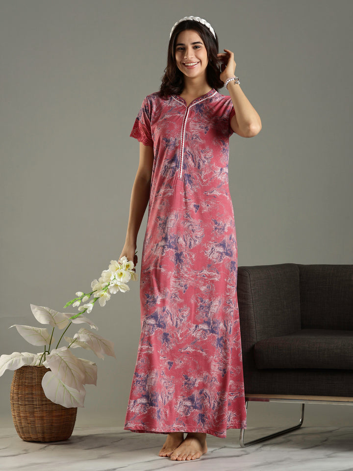 Mud Pink Hosiery Cotton Nighty For Women with Lace Sleeves