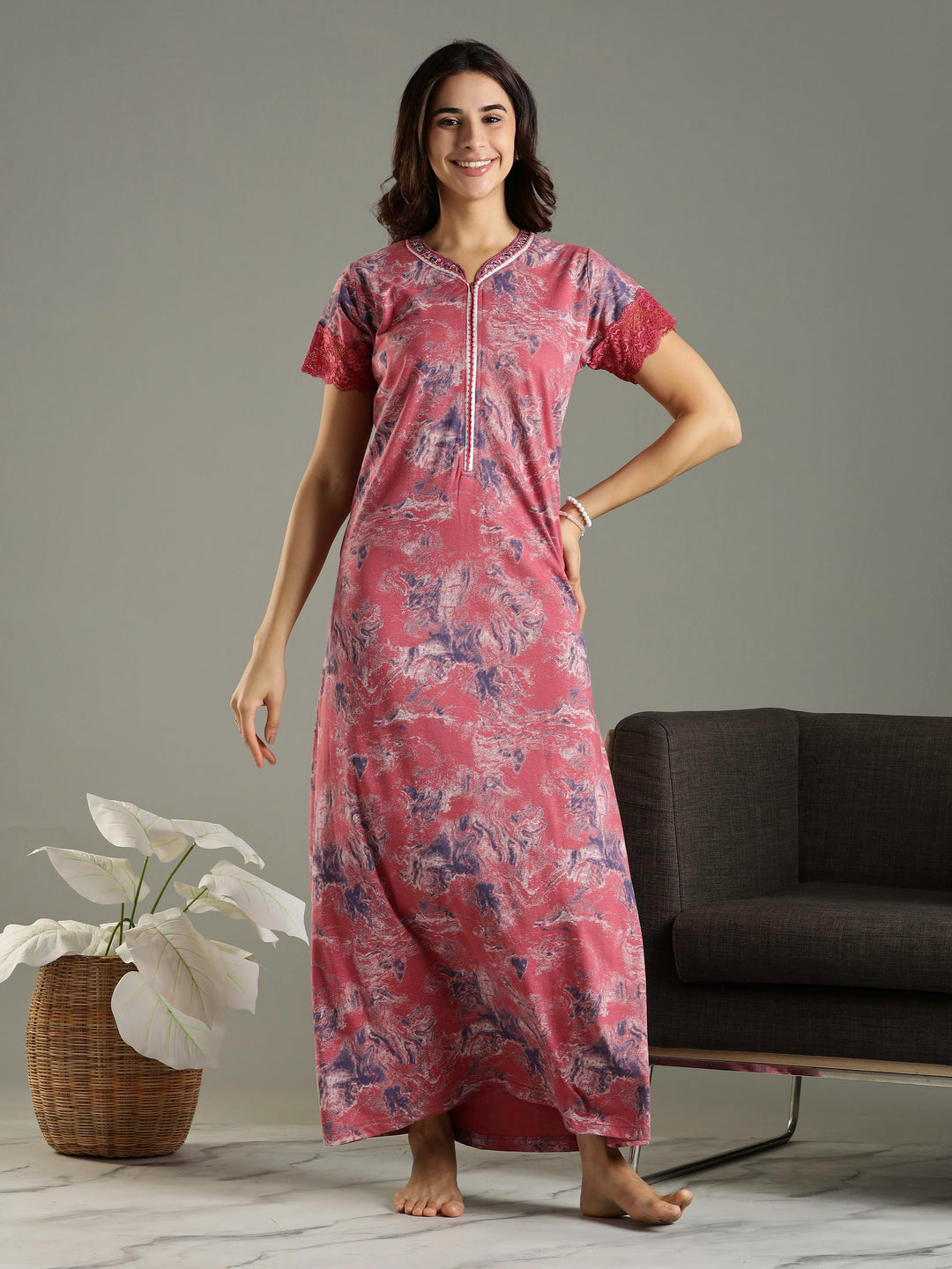 Mud Pink Hosiery Cotton Nighty For Women with Lace Sleeves