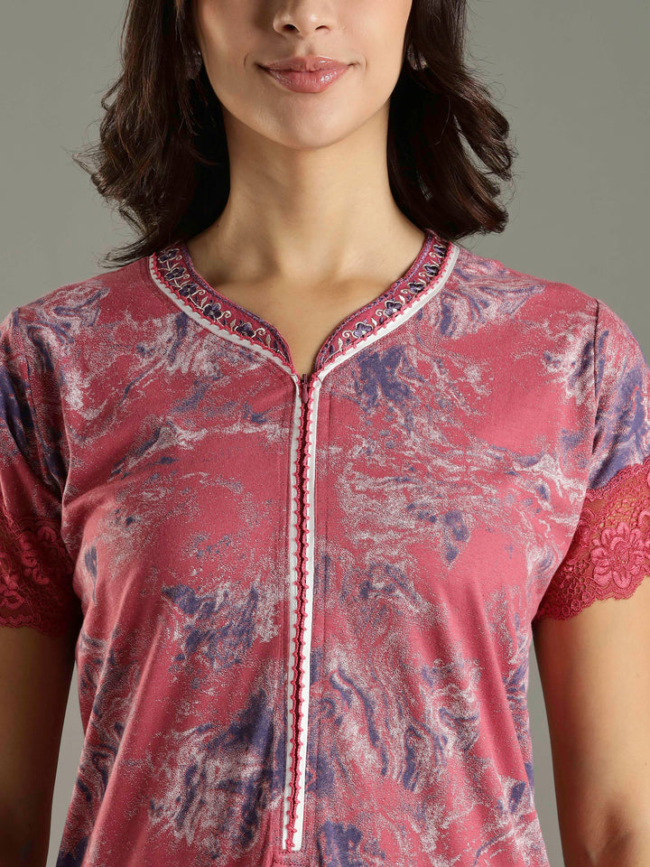 Mud Pink Hosiery Cotton Nighty For Women with Lace Sleeves