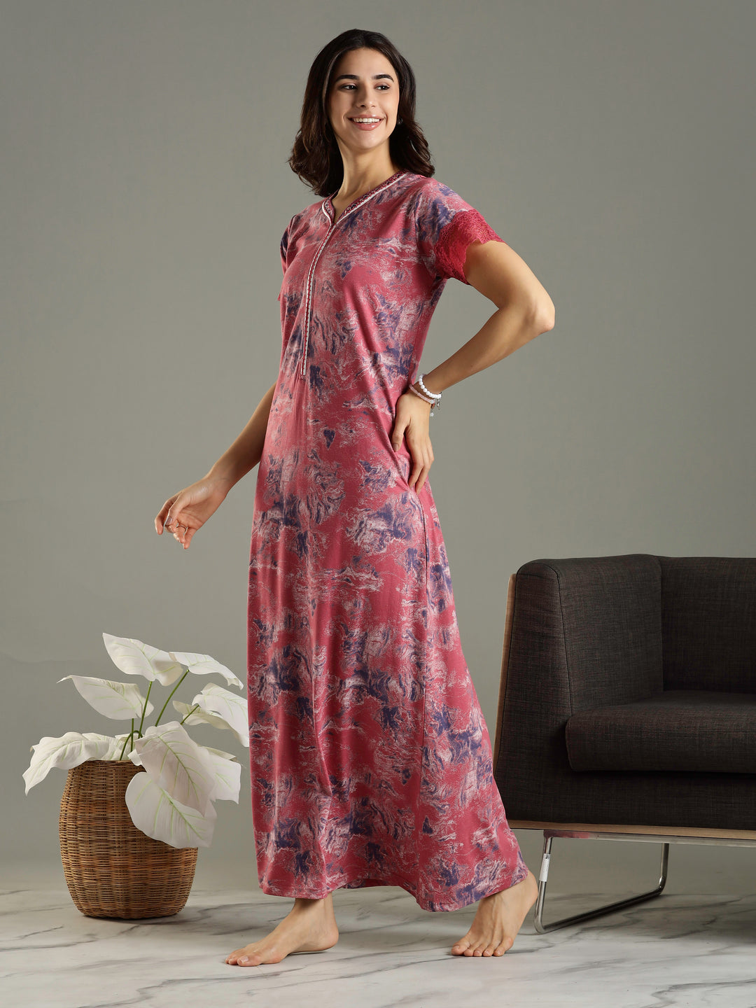 Mud Pink Hosiery Cotton Nighty For Women with Lace Sleeves