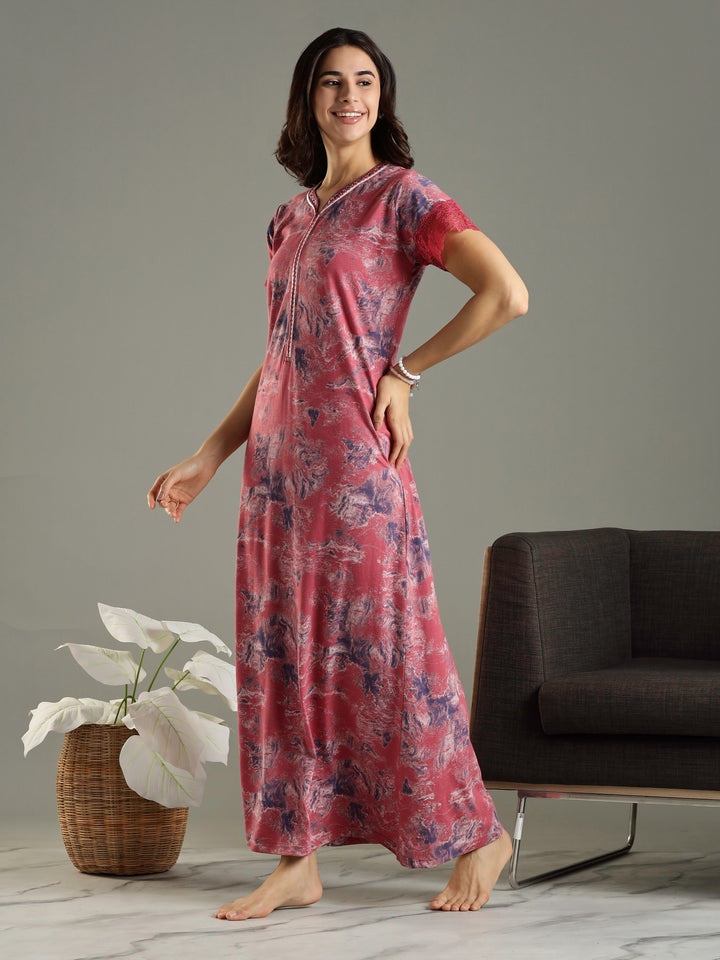 Mud Pink Hosiery Cotton Nighty For Women with Lace Sleeves