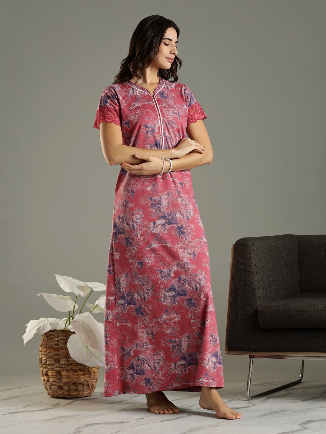 Mud Pink Hosiery Cotton Nighty For Women with Lace Sleeves