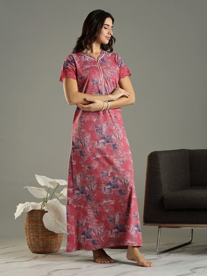 Mud Pink Hosiery Cotton Nighty For Women with Lace Sleeves