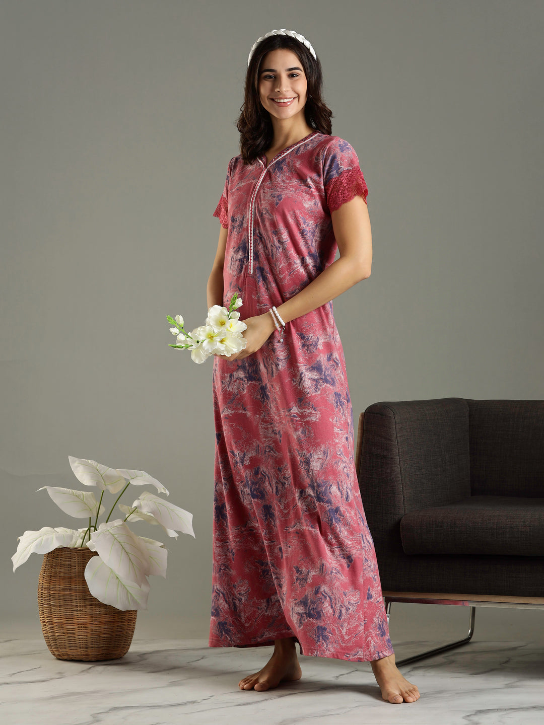 Mud Pink Hosiery Cotton Nighty For Women with Lace Sleeves