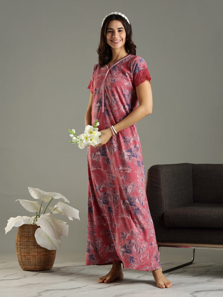 Mud Pink Hosiery Cotton Nighty For Women with Lace Sleeves