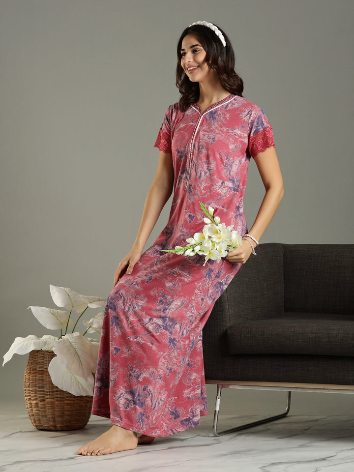 Mud Pink Hosiery Cotton Nighty For Women with Lace Sleeves