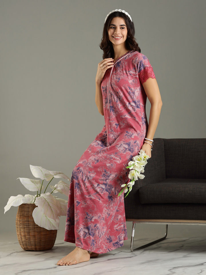 Mud Pink Hosiery Cotton Nighty For Women with Lace Sleeves