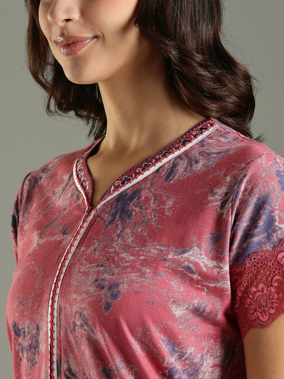 Mud Pink Hosiery Cotton Nighty For Women with Lace Sleeves