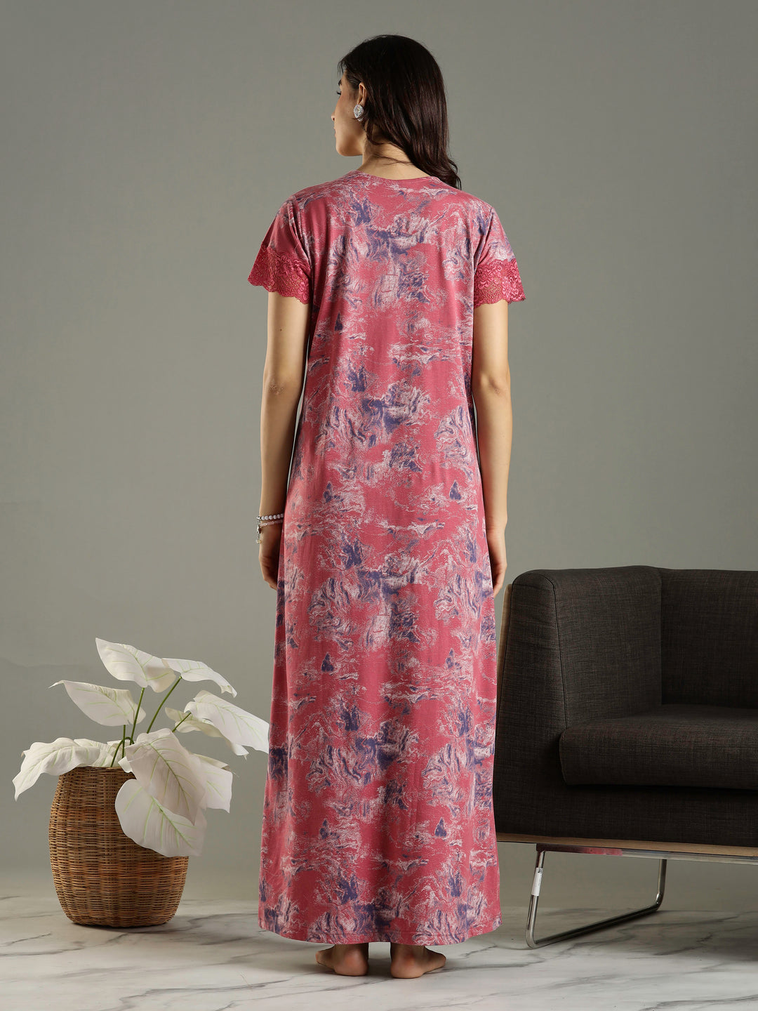 Mud Pink Hosiery Cotton Nighty For Women with Lace Sleeves