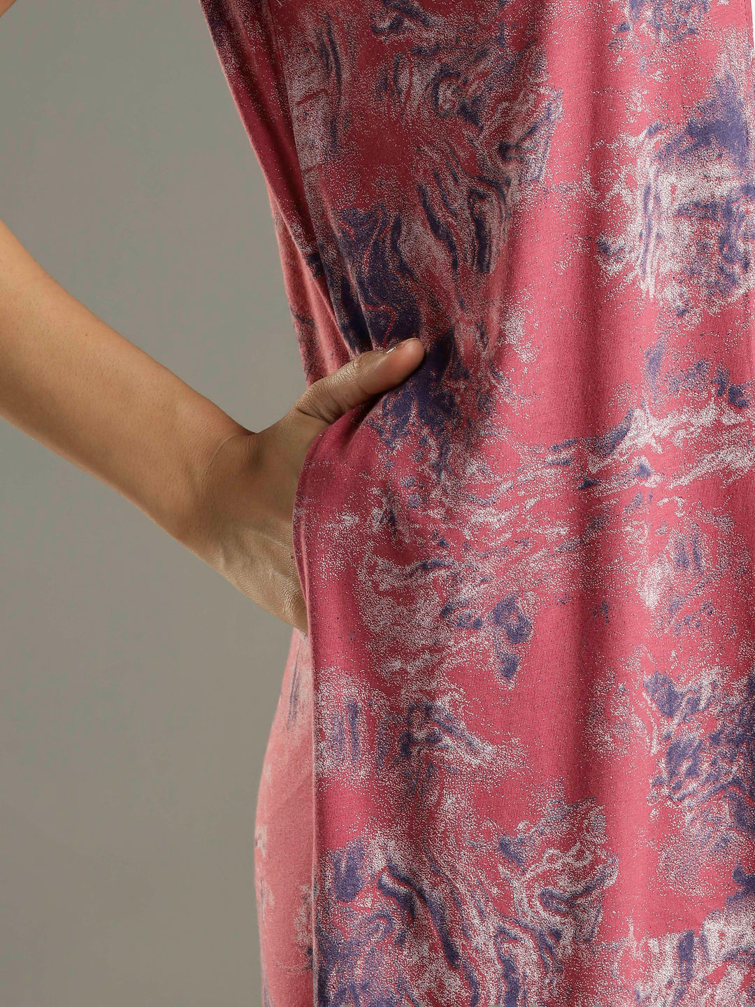 Mud Pink Hosiery Cotton Nighty For Women with Lace Sleeves