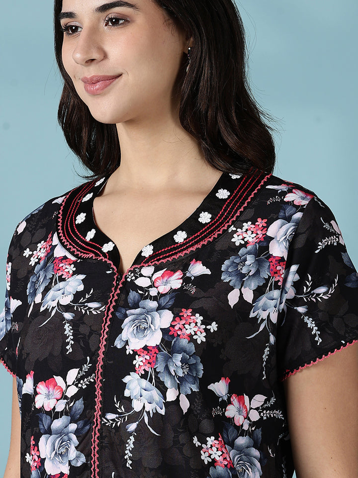 Rayon Floral Branded Nighty for Women in Multi Black
