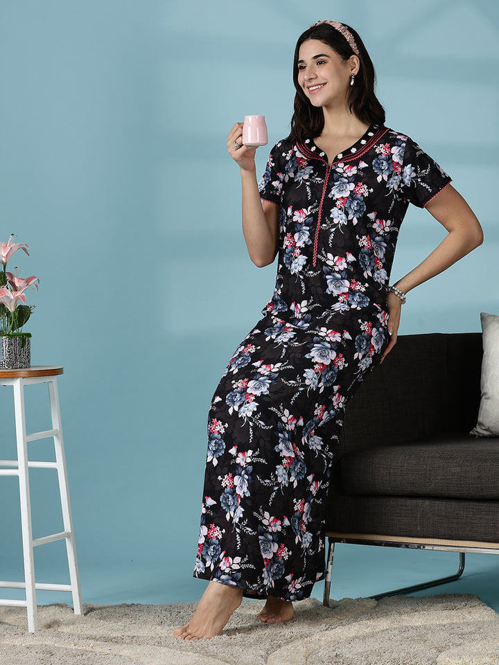 Rayon Floral Branded Nighty for Women in Multi Black