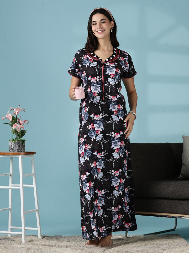 Rayon Floral Branded Nighty for Women in Multi Black