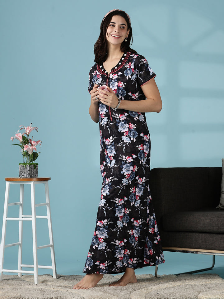 Rayon Floral Branded Nighty for Women in Multi Black