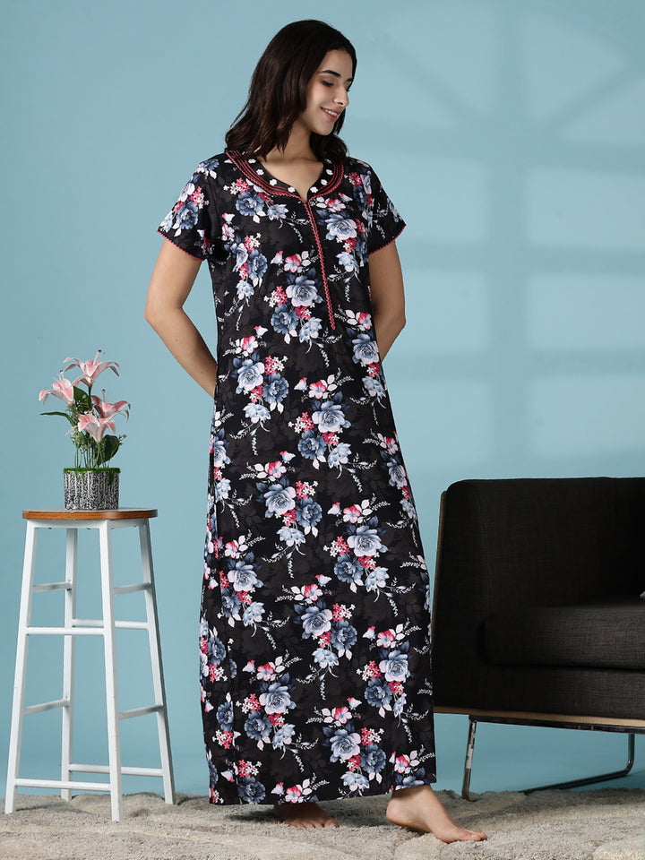 Rayon Floral Branded Nighty for Women in Multi Black