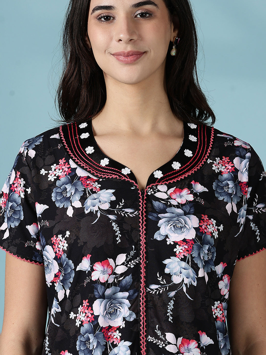 Rayon Floral Branded Nighty for Women in Multi Black