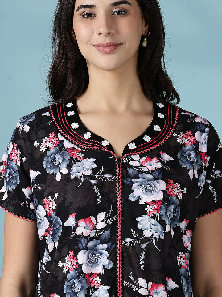Rayon Floral Branded Nighty for Women in Multi Black