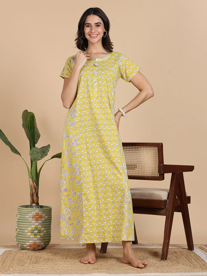 Mustard Yellow Floral Print Pure Cotton Nighty For Women