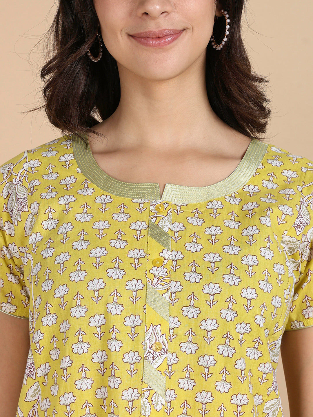 Mustard Yellow Floral Print Pure Cotton Nighty For Women