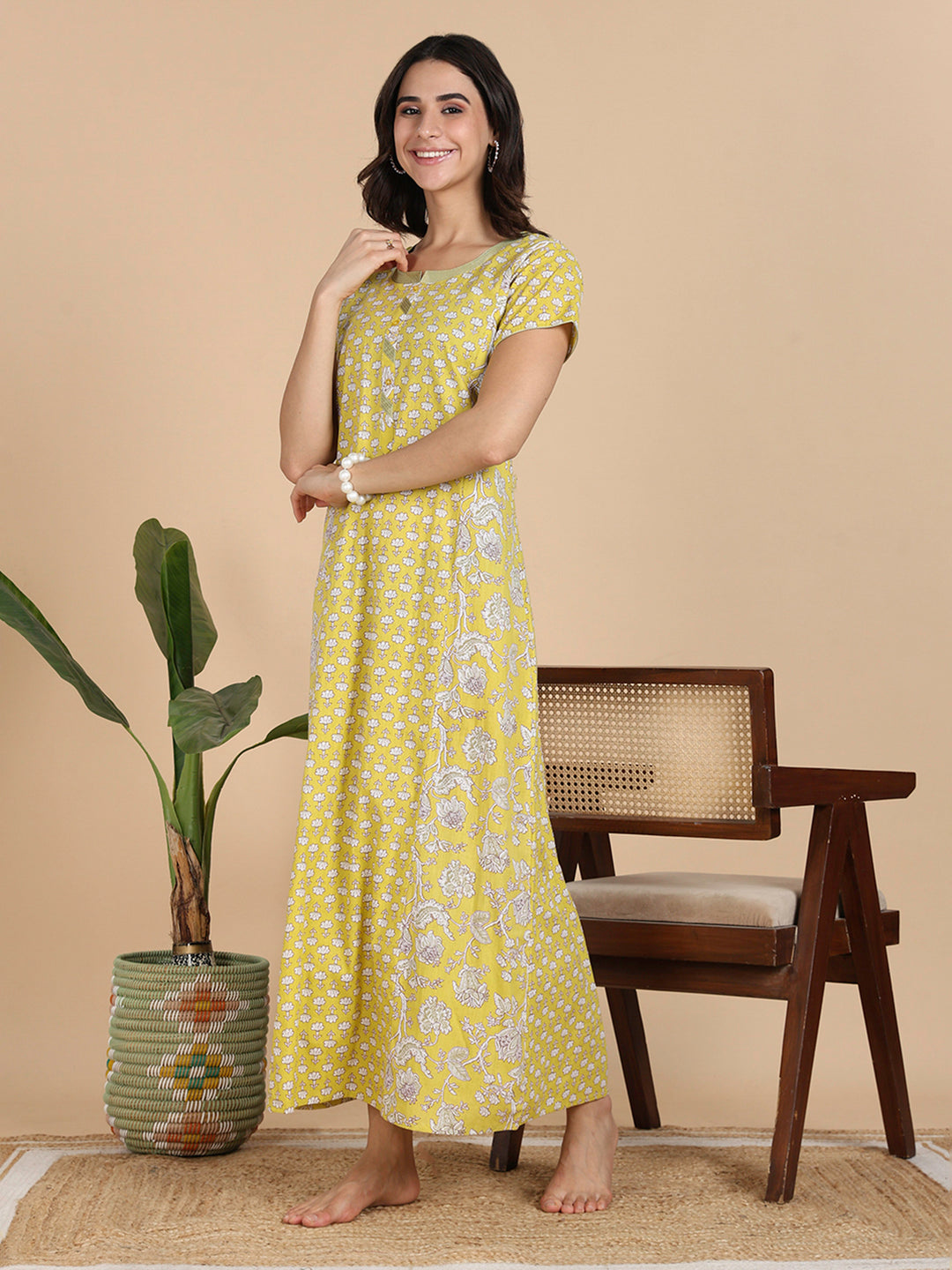 Mustard Yellow Floral Print Pure Cotton Nighty For Women