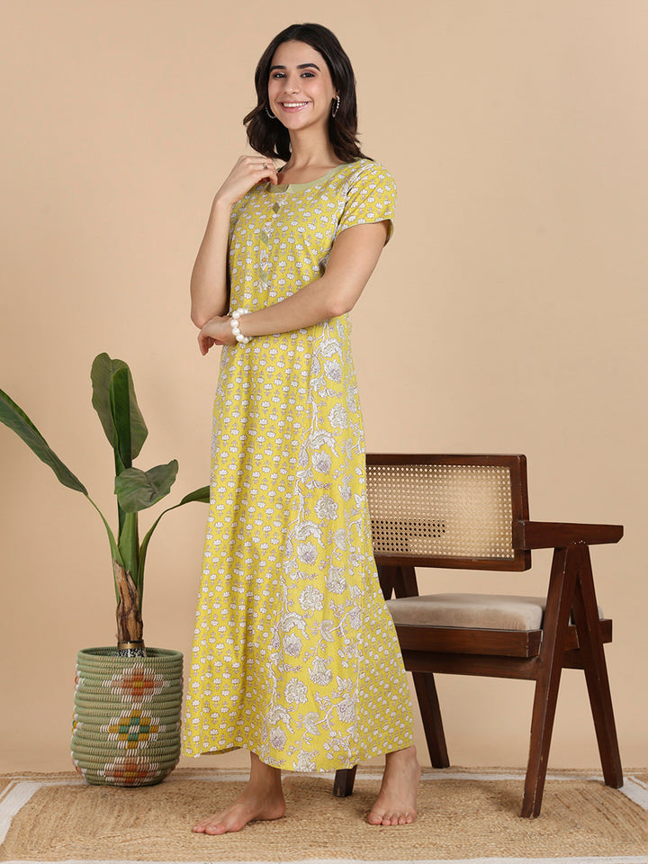 Mustard Yellow Floral Print Pure Cotton Nighty For Women