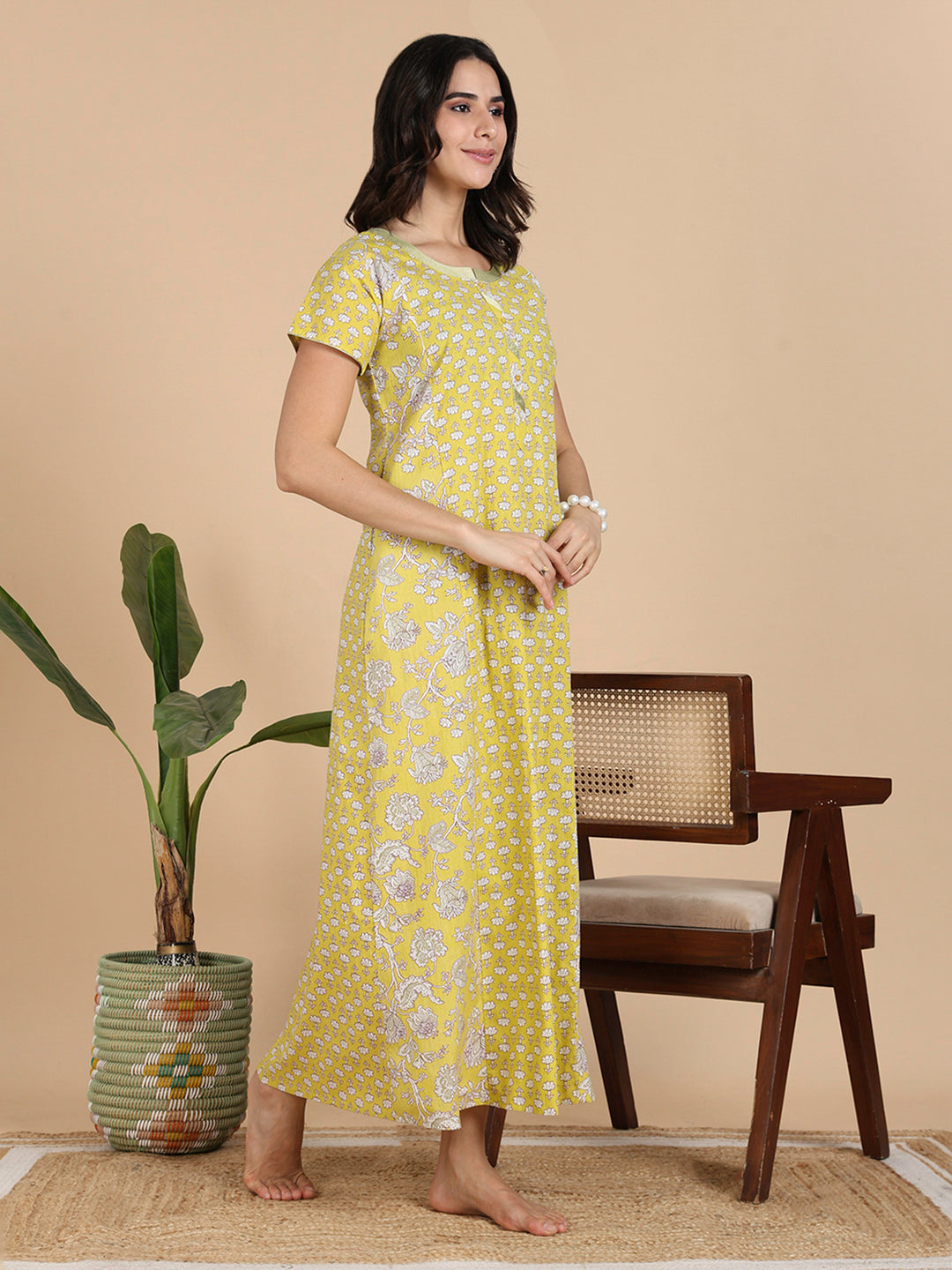 Mustard Yellow Floral Print Pure Cotton Nighty For Women
