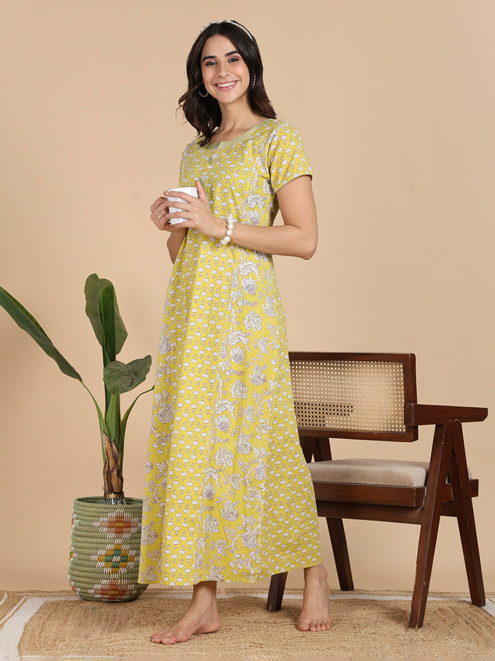 Mustard Yellow Floral Print Pure Cotton Nighty For Women