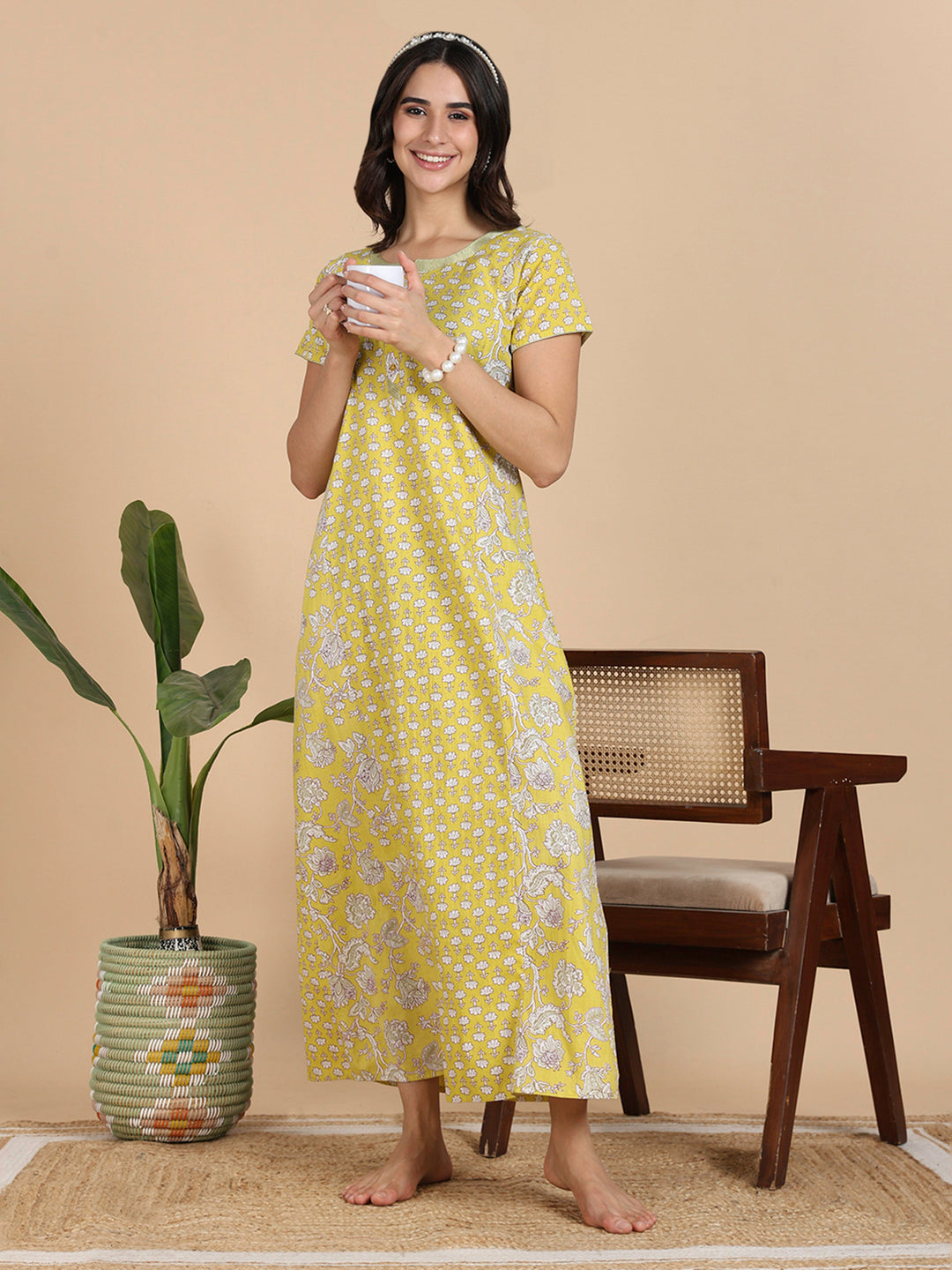 Mustard Yellow Floral Print Pure Cotton Nighty For Women