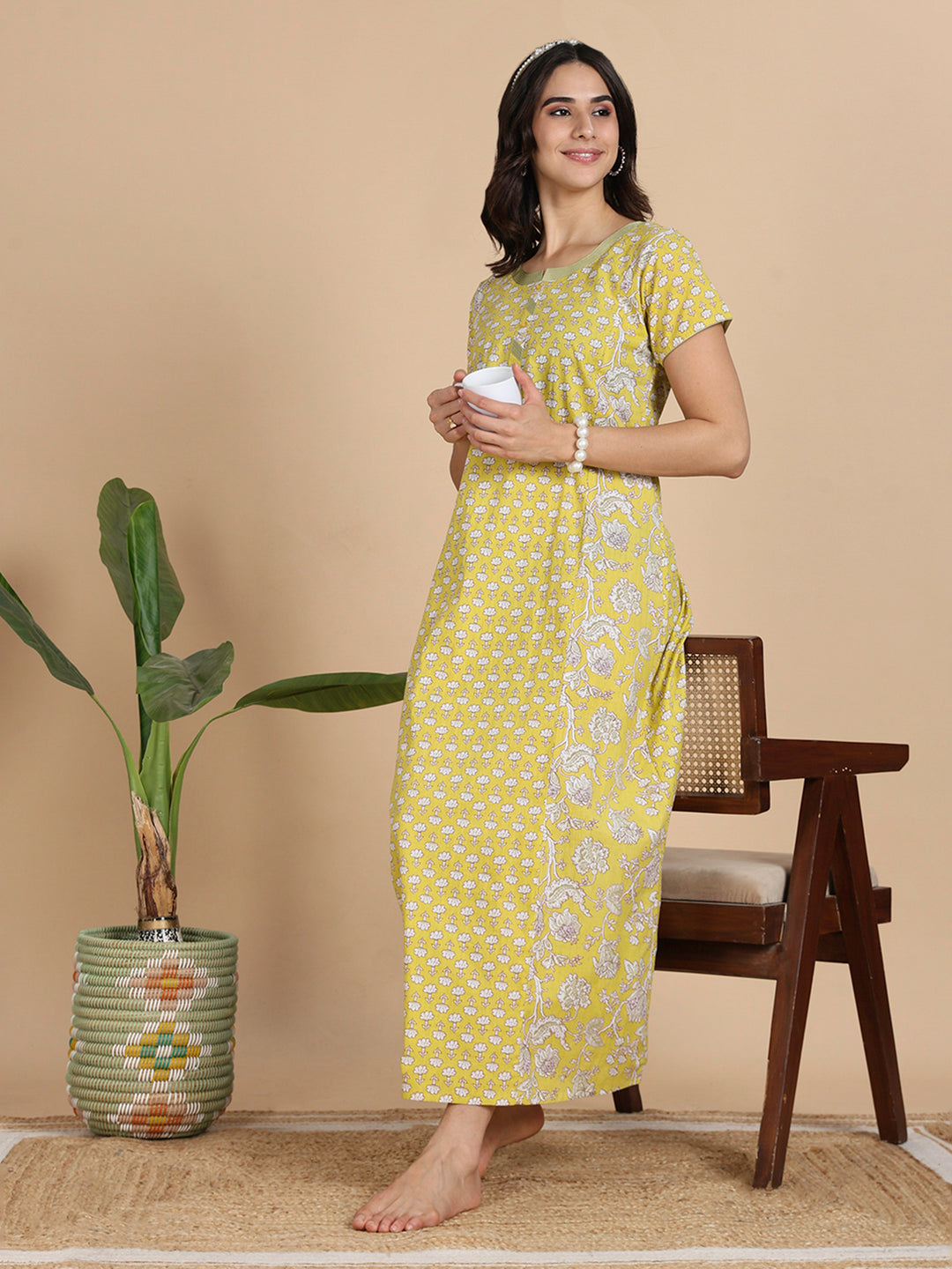 Mustard Yellow Floral Print Pure Cotton Nighty For Women